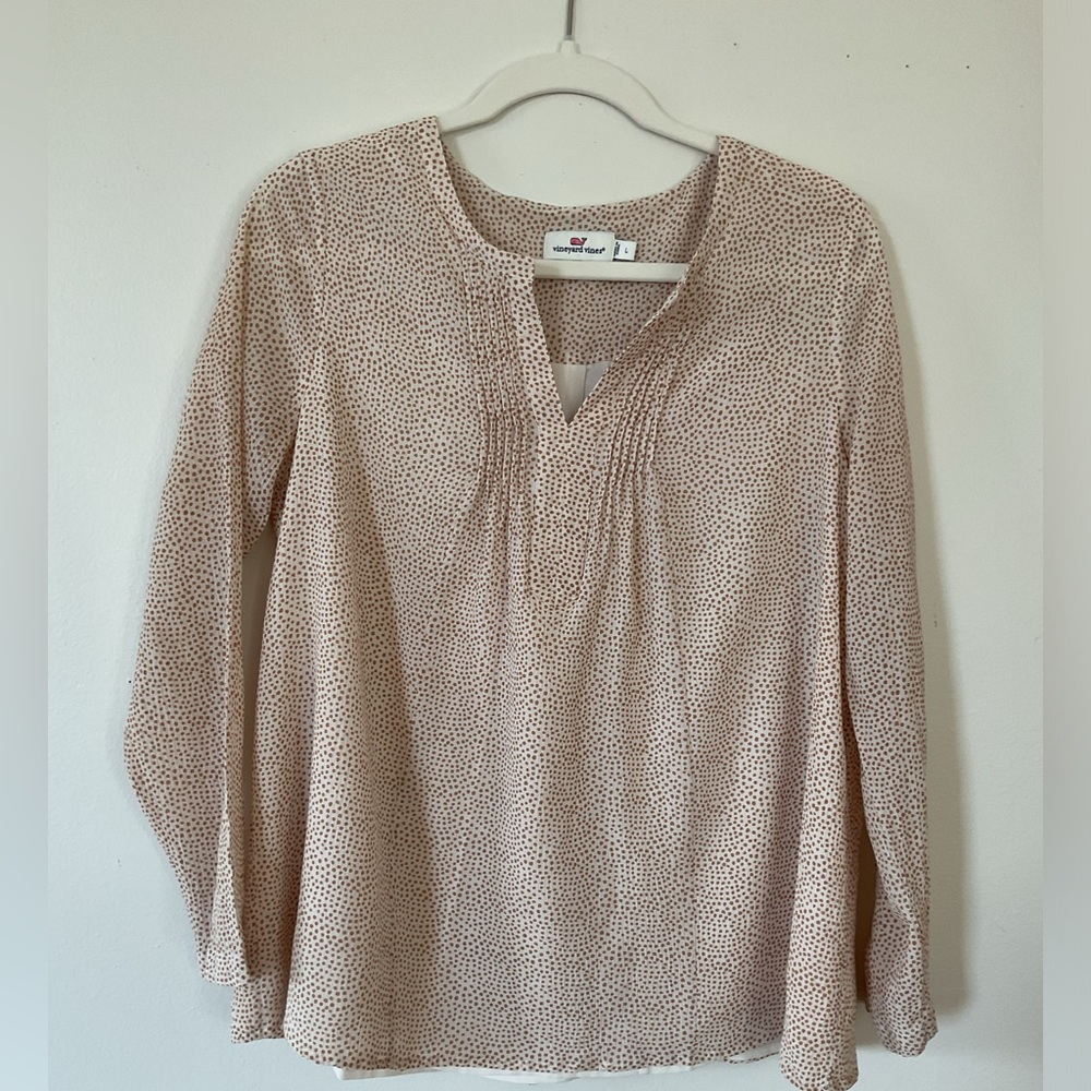 Vineyard Vines Polka Dot Blouse Silk Cotton Cream Tan Size Small
